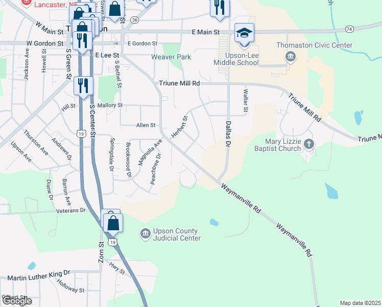 map of restaurants, bars, coffee shops, grocery stores, and more near 701 East Lee Street in Thomaston