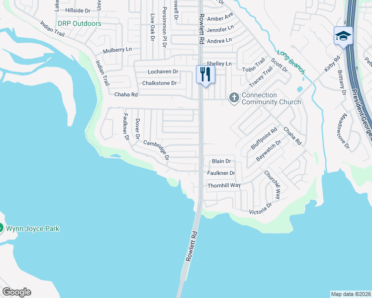 map of restaurants, bars, coffee shops, grocery stores, and more near 3301 Oxford Drive in Rowlett