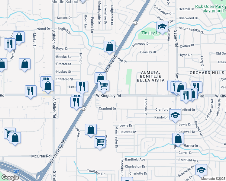 map of restaurants, bars, coffee shops, grocery stores, and more near 3033 Bonita Drive in Garland