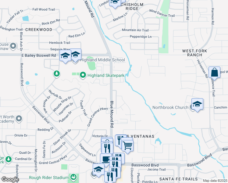 map of restaurants, bars, coffee shops, grocery stores, and more near 7577 Lazy Spur Boulevard in Fort Worth