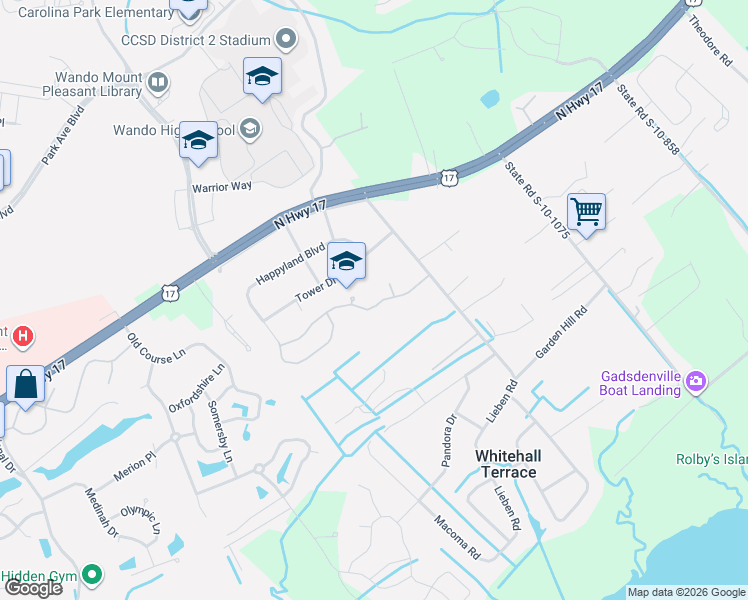 map of restaurants, bars, coffee shops, grocery stores, and more near 3660 Locklear Lane in Mount Pleasant