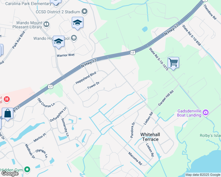 map of restaurants, bars, coffee shops, grocery stores, and more near 3660 Locklear Lane in Mount Pleasant