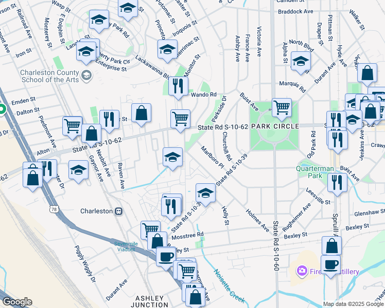 map of restaurants, bars, coffee shops, grocery stores, and more near 4632 Holmes Avenue in North Charleston