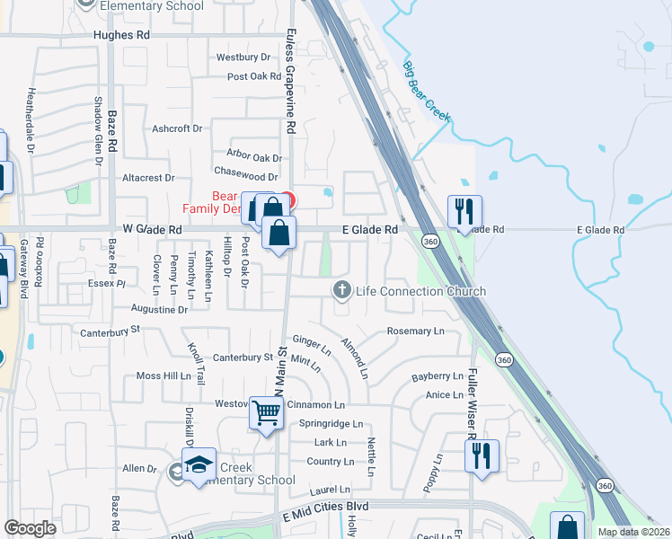 map of restaurants, bars, coffee shops, grocery stores, and more near 3009 Honey Locust Drive in Euless