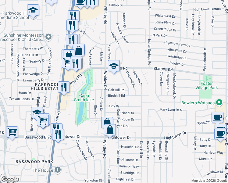 map of restaurants, bars, coffee shops, grocery stores, and more near 5916 Hickoryhill Road in Watauga