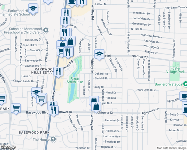 map of restaurants, bars, coffee shops, grocery stores, and more near 5916 Hickoryhill Road in Watauga