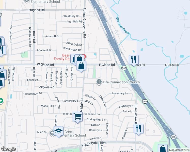 map of restaurants, bars, coffee shops, grocery stores, and more near 3009 Honey Locust Drive in Euless