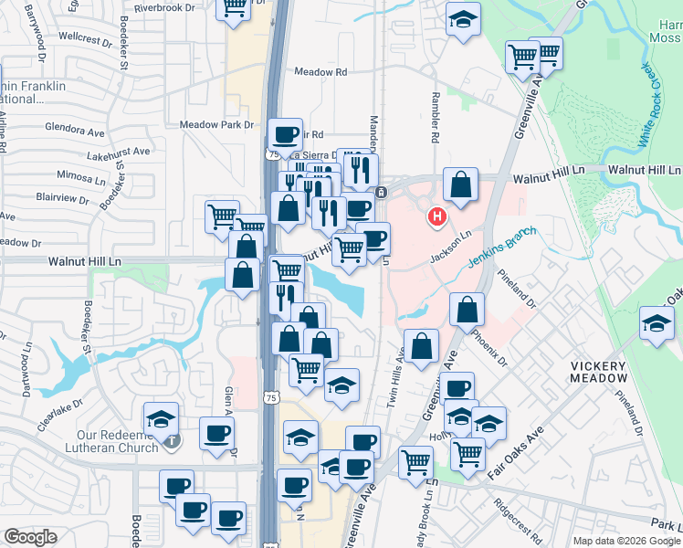 map of restaurants, bars, coffee shops, grocery stores, and more near 8144 Walnut Hill Lane in Dallas