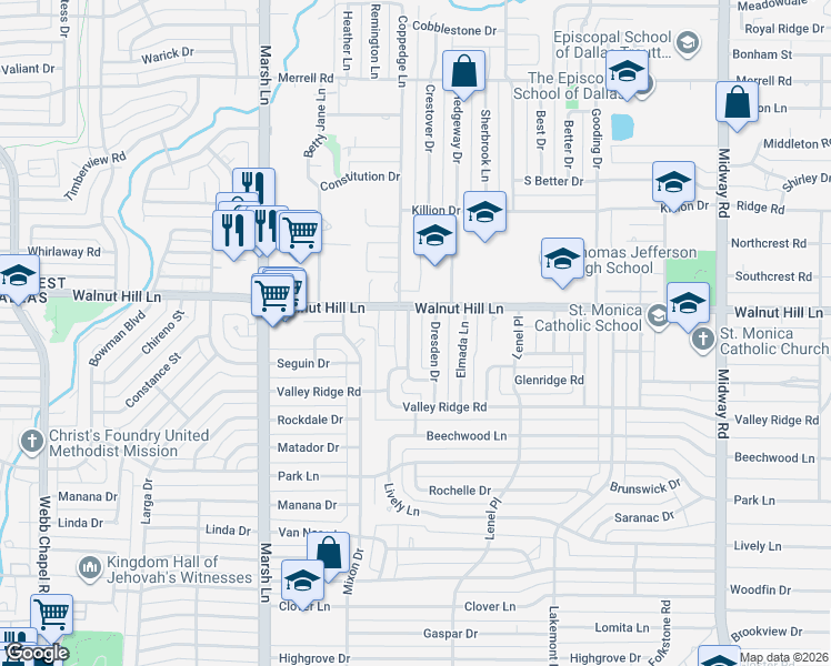 map of restaurants, bars, coffee shops, grocery stores, and more near 3860 Walnut Hill Lane in Dallas