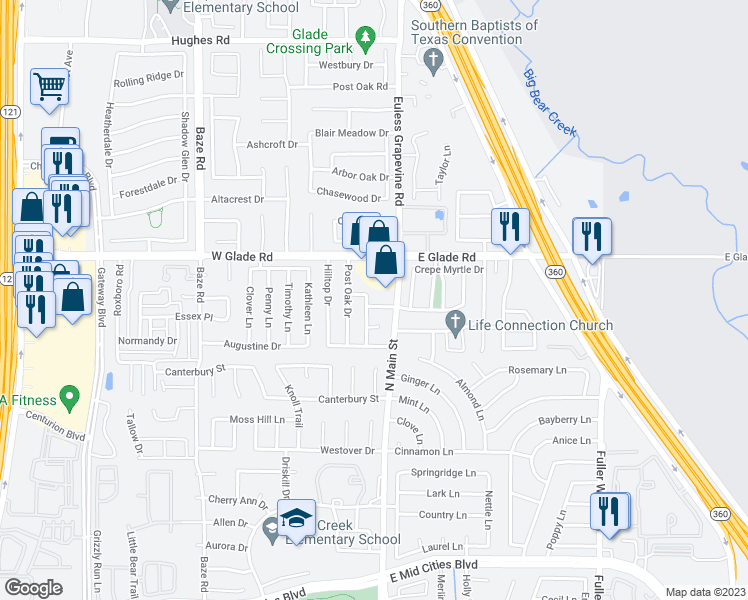 map of restaurants, bars, coffee shops, grocery stores, and more near 3001 North Main Street in Euless