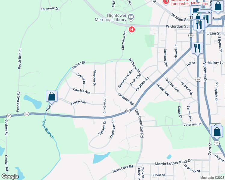 map of restaurants, bars, coffee shops, grocery stores, and more near 316 Cherokee Road in Thomaston