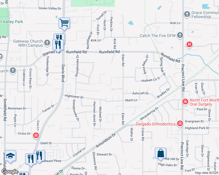 map of restaurants, bars, coffee shops, grocery stores, and more near 7221 Everglade Drive in North Richland Hills
