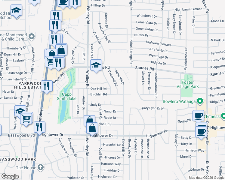 map of restaurants, bars, coffee shops, grocery stores, and more near 7508 Maplehill Road in Fort Worth