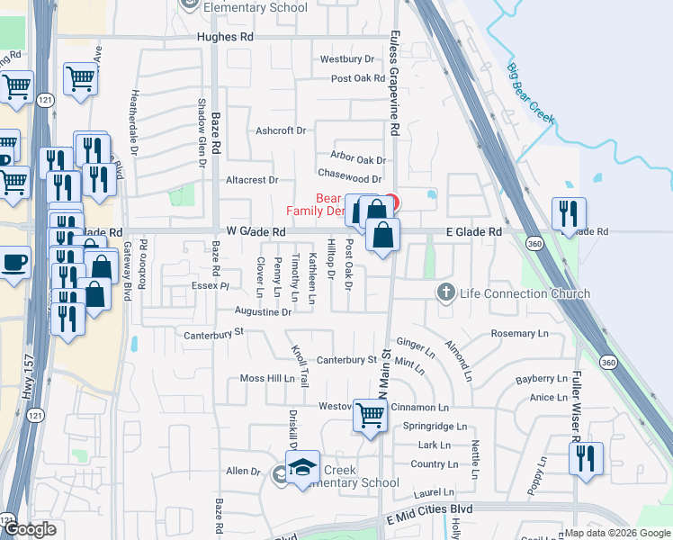 map of restaurants, bars, coffee shops, grocery stores, and more near 3002 Post Oak Drive in Euless