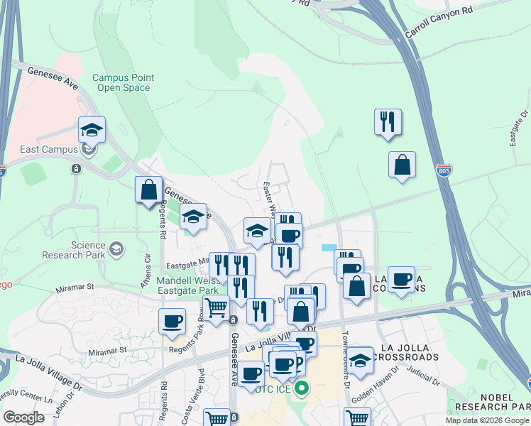 map of restaurants, bars, coffee shops, grocery stores, and more near 4364 Vision Drive in San Diego