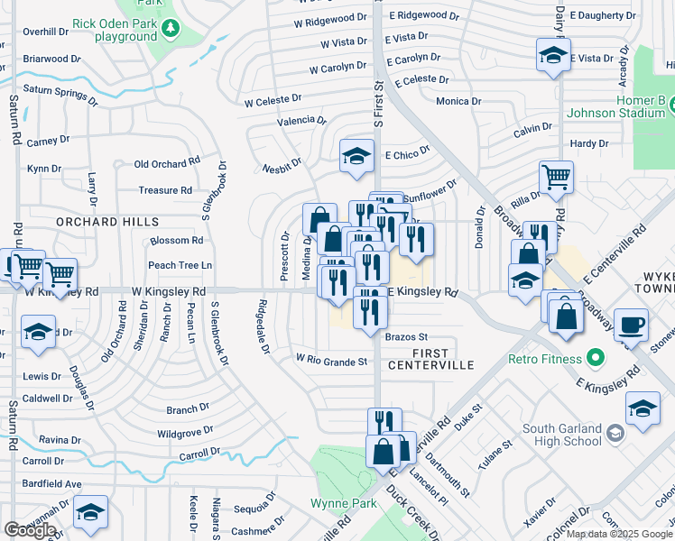 map of restaurants, bars, coffee shops, grocery stores, and more near 219 West Kingsley Road in Garland
