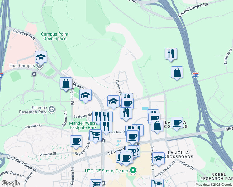map of restaurants, bars, coffee shops, grocery stores, and more near 9575 Easter Way in San Diego