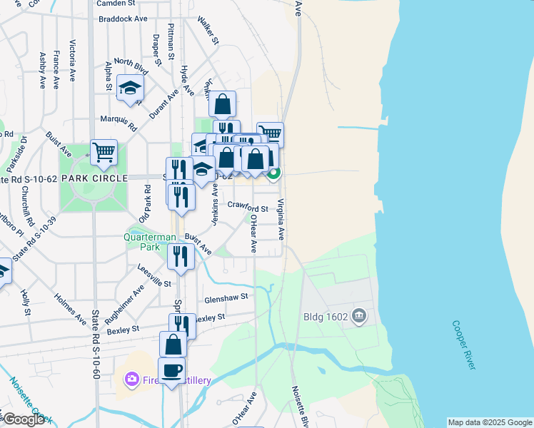 map of restaurants, bars, coffee shops, grocery stores, and more near 4704 O'Hear Avenue in North Charleston