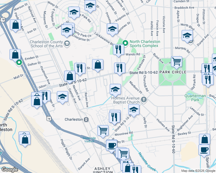 map of restaurants, bars, coffee shops, grocery stores, and more near 4745 Wright Avenue in North Charleston