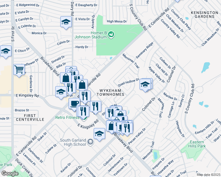 map of restaurants, bars, coffee shops, grocery stores, and more near 3005 Club Country Drive in Garland