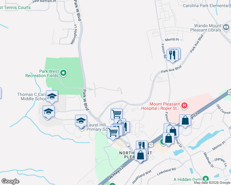 map of restaurants, bars, coffee shops, grocery stores, and more near 1300 Park West Boulevard in Mount Pleasant