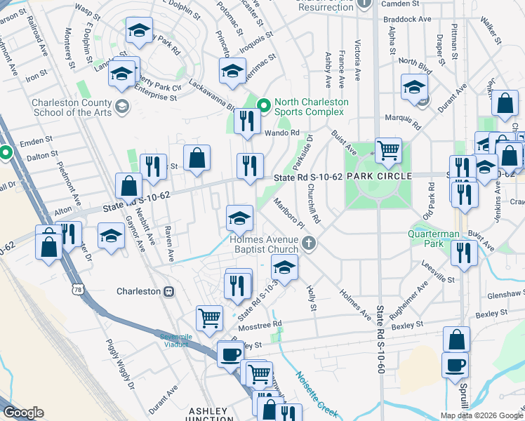 map of restaurants, bars, coffee shops, grocery stores, and more near 4702 Brookside Drive in North Charleston