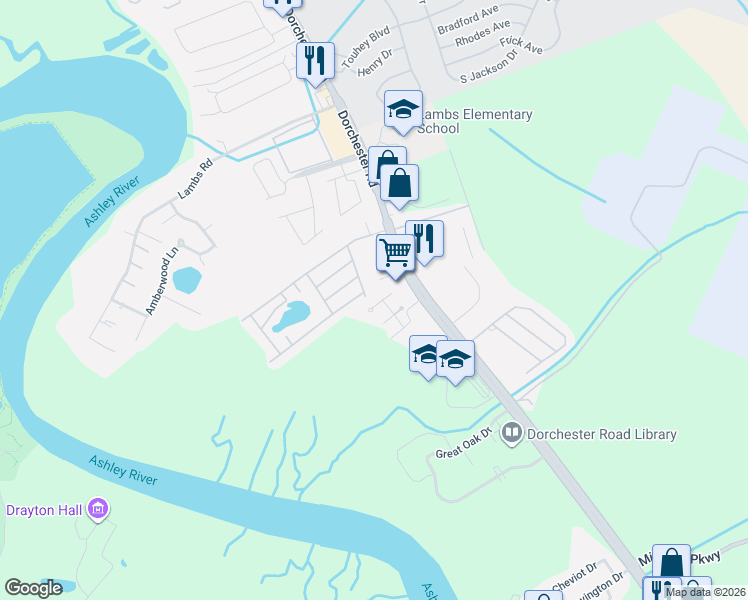 map of restaurants, bars, coffee shops, grocery stores, and more near 4718 Linfield Lane in North Charleston