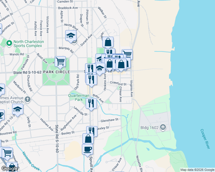 map of restaurants, bars, coffee shops, grocery stores, and more near 1059 Crawford Street in North Charleston