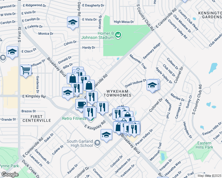 map of restaurants, bars, coffee shops, grocery stores, and more near 1013 Weston Drive in Garland