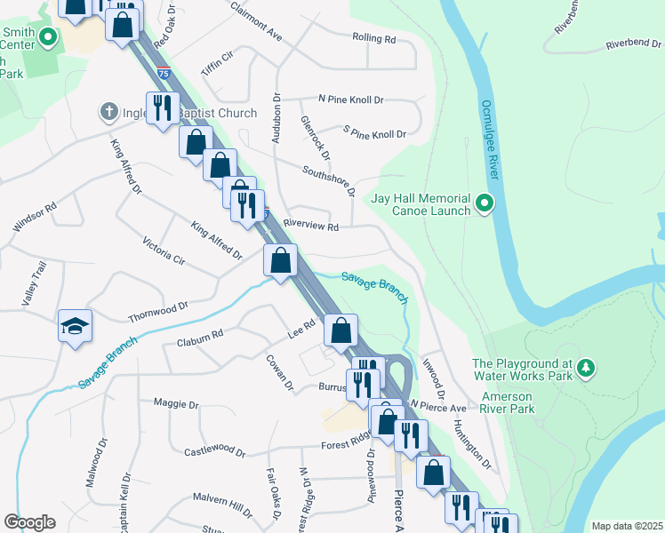 map of restaurants, bars, coffee shops, grocery stores, and more near 989 Ave of the Pines in Macon