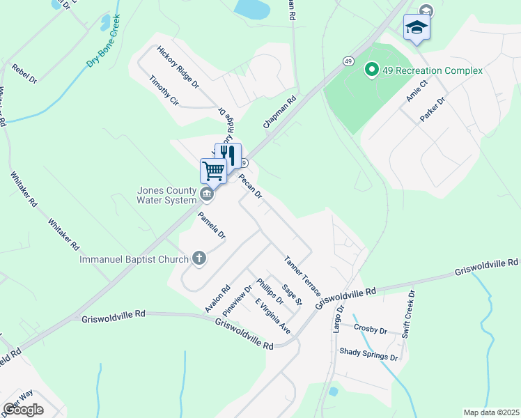 map of restaurants, bars, coffee shops, grocery stores, and more near 132 Pecan Drive in Macon