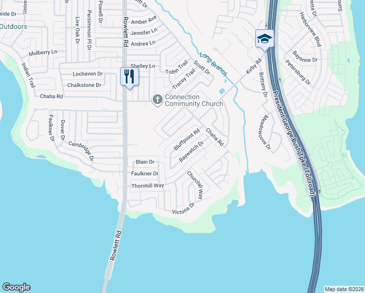 map of restaurants, bars, coffee shops, grocery stores, and more near 4102 Bluffpoint Road in Rowlett