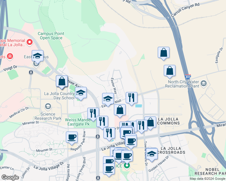 map of restaurants, bars, coffee shops, grocery stores, and more near 9544 Easter Way in San Diego