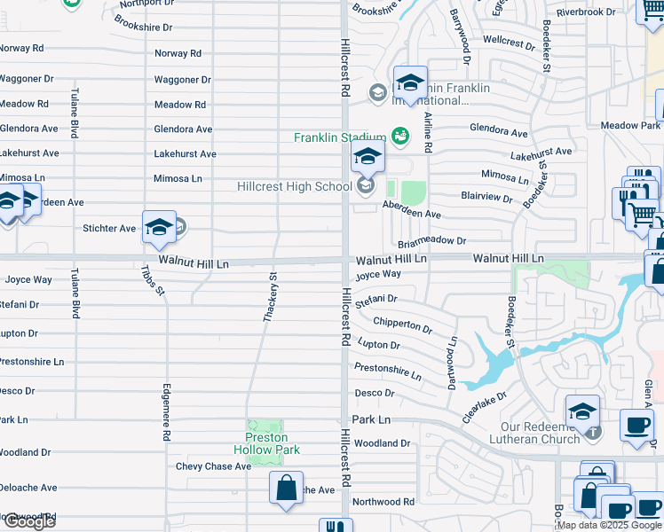 map of restaurants, bars, coffee shops, grocery stores, and more near 6832 Walnut Hill Lane in Dallas