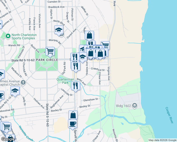 map of restaurants, bars, coffee shops, grocery stores, and more near 4662 Jenkins Avenue in North Charleston