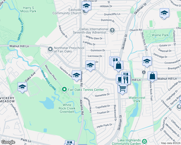 map of restaurants, bars, coffee shops, grocery stores, and more near 7101 Winedale Drive in Dallas