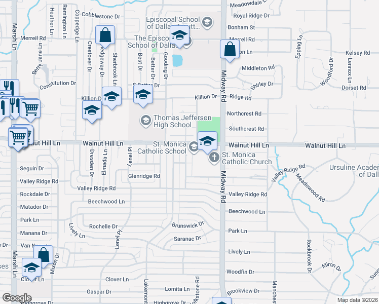 map of restaurants, bars, coffee shops, grocery stores, and more near 4130 Walnut Hill Lane in Dallas