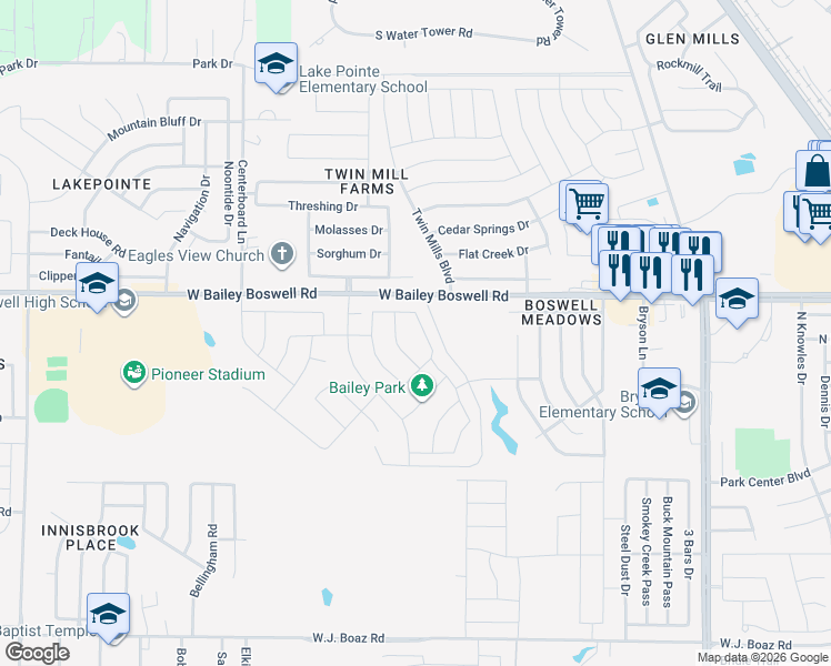 map of restaurants, bars, coffee shops, grocery stores, and more near 5101-5301 West Bailey Boswell Road in Fort Worth