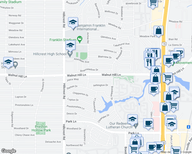 map of restaurants, bars, coffee shops, grocery stores, and more near 7147 Joyce Way in Dallas