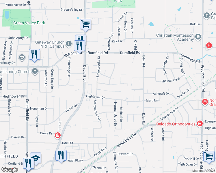 map of restaurants, bars, coffee shops, grocery stores, and more near 8521 Brookridge Drive in Fort Worth