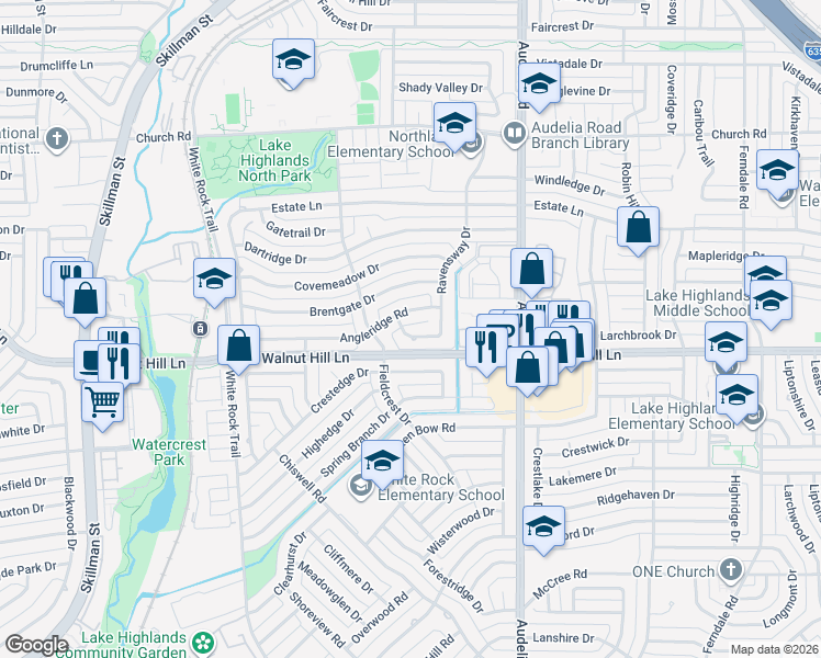 map of restaurants, bars, coffee shops, grocery stores, and more near 9656 Angleridge Road in Dallas