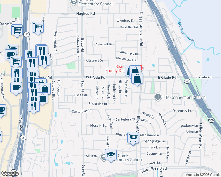 map of restaurants, bars, coffee shops, grocery stores, and more near 3005 Timothy Lane in Euless
