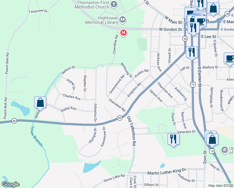 map of restaurants, bars, coffee shops, grocery stores, and more near 802 Avalon Road in Thomaston
