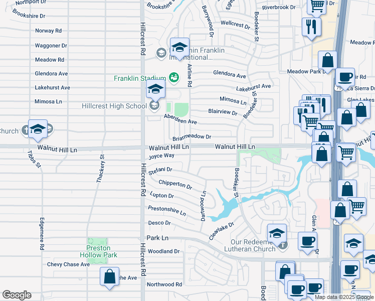 map of restaurants, bars, coffee shops, grocery stores, and more near 7077 Joyce Way in Dallas
