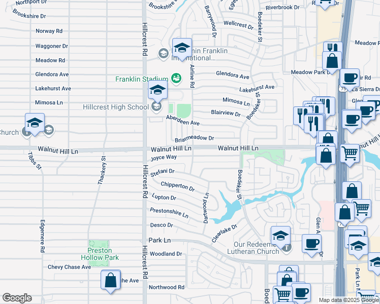 map of restaurants, bars, coffee shops, grocery stores, and more near 7077 Joyce Way in Dallas