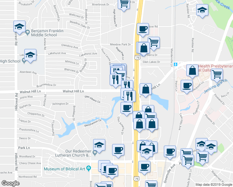 map of restaurants, bars, coffee shops, grocery stores, and more near 7750 Walnut Hill Lane in Dallas