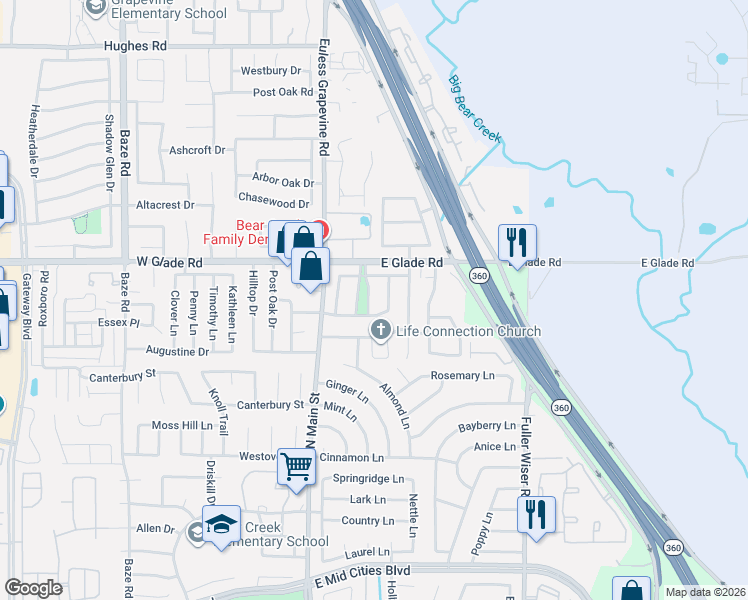 map of restaurants, bars, coffee shops, grocery stores, and more near 3009 Honey Locust Drive in Euless