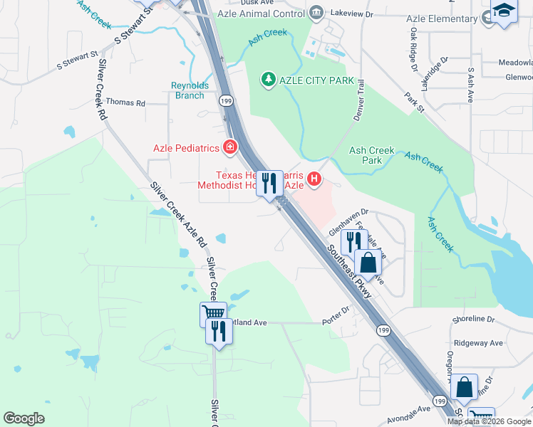 map of restaurants, bars, coffee shops, grocery stores, and more near 820 Southeast Parkway in Azle