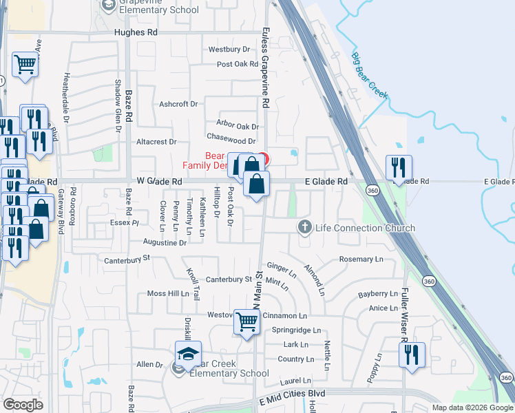 map of restaurants, bars, coffee shops, grocery stores, and more near 3001 North Main Street in Euless