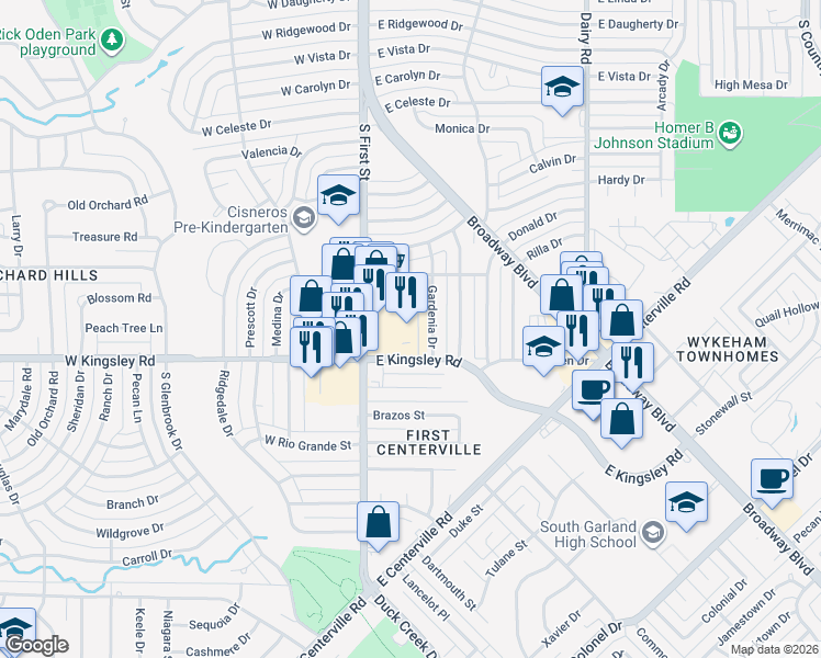 map of restaurants, bars, coffee shops, grocery stores, and more near 3001 Gardenia Drive in Garland